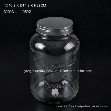 Jarra de bebida de jugo de vidrio relleno 3L con grifo / vaso de gran capacidad de vidrio de masón con escala